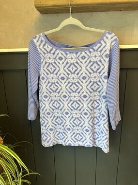 Fresh‎ Produce Lavender Blue Patterned Boatneck 100% Cotton 3/4 Sleeve Top sz L